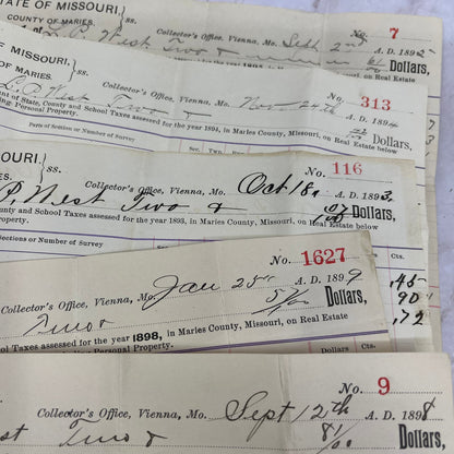 1890s State of MO County of Maries Tax Collection Receipts Lot Vienna TG9-E2-1