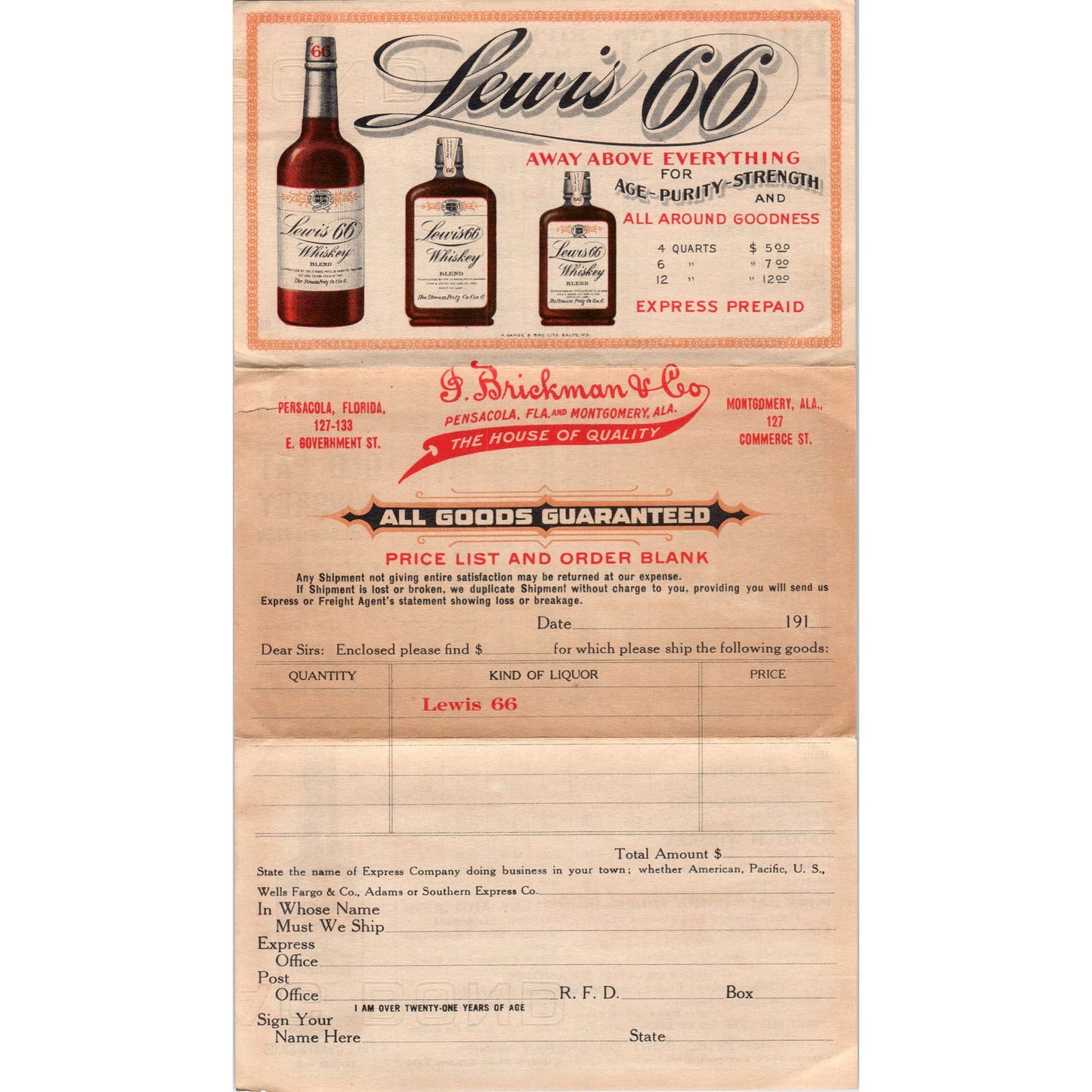 c1910 I. Brickman & Co. Pensacola & Montgomery Whiskey Price List Lewis 66 AB9