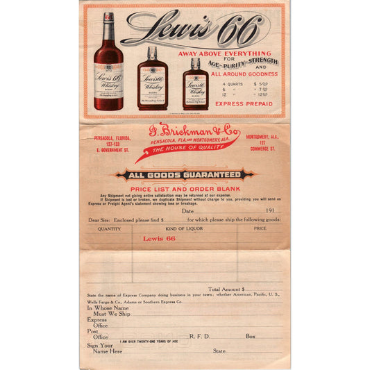 c1910 I. Brickman & Co. Pensacola & Montgomery Whiskey Price List Lewis 66 AB9