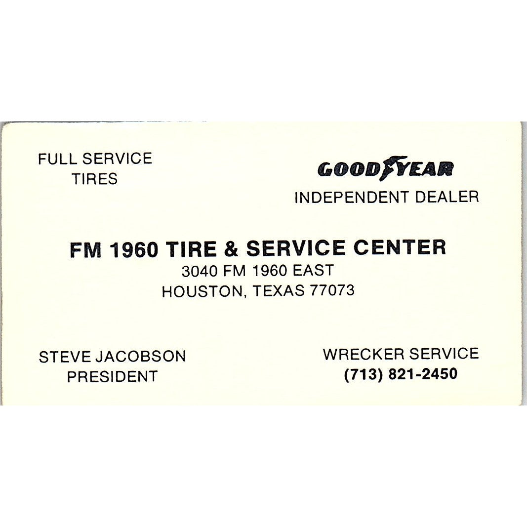 Steve Jacobson FM 1960 Tire & Service Center Houston Vtg Business Card SC9-B4