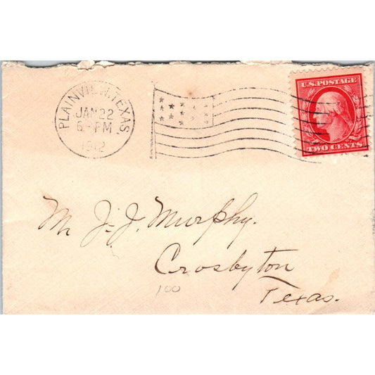 1912 Plainview TX to J.J. Murphy Crosbyton TX Postal Cover Envelope TG7-PC1