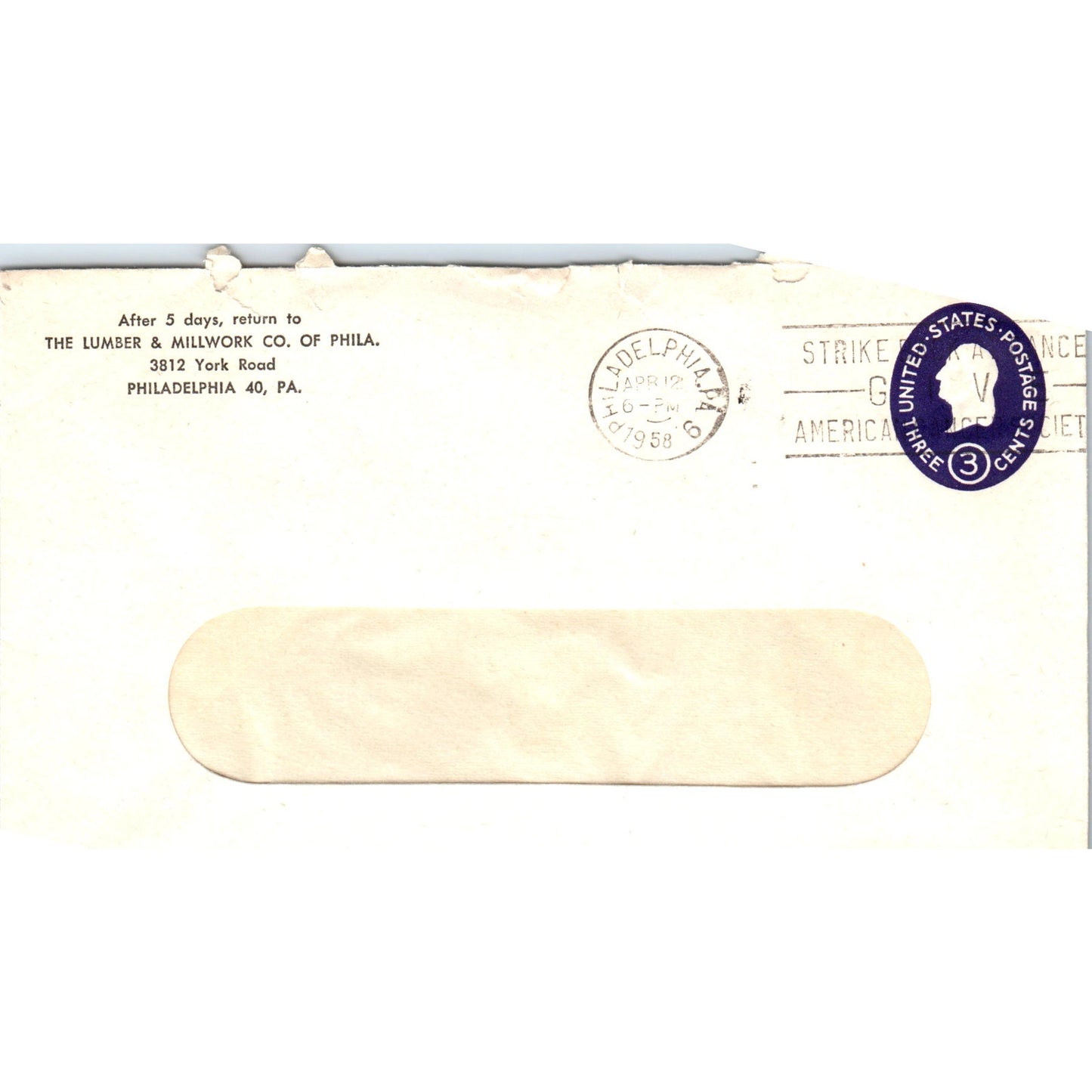 1958 The Lumber & Millwork Co of Philadelphia Postal Cover Envelope TG7-PC3