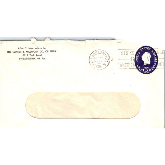 1958 The Lumber & Millwork Co of Philadelphia Postal Cover Envelope TG7-PC3