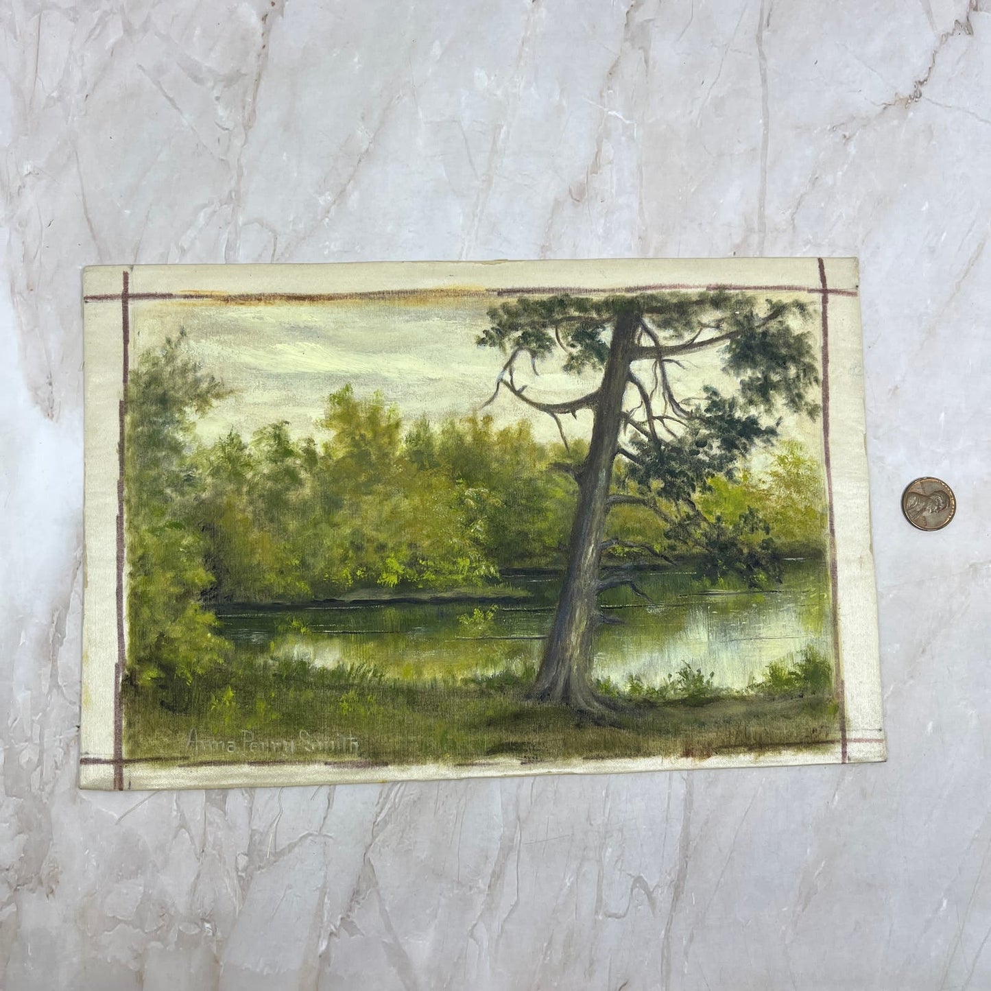 Antique Original Oil Painting on Silk Lake Scene 7x10.5" Anna Perry Smith AE4