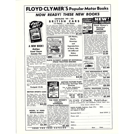 Floyd Clymer's Popular Motor Books Los Angeles CA 1950 Ad AF6-7