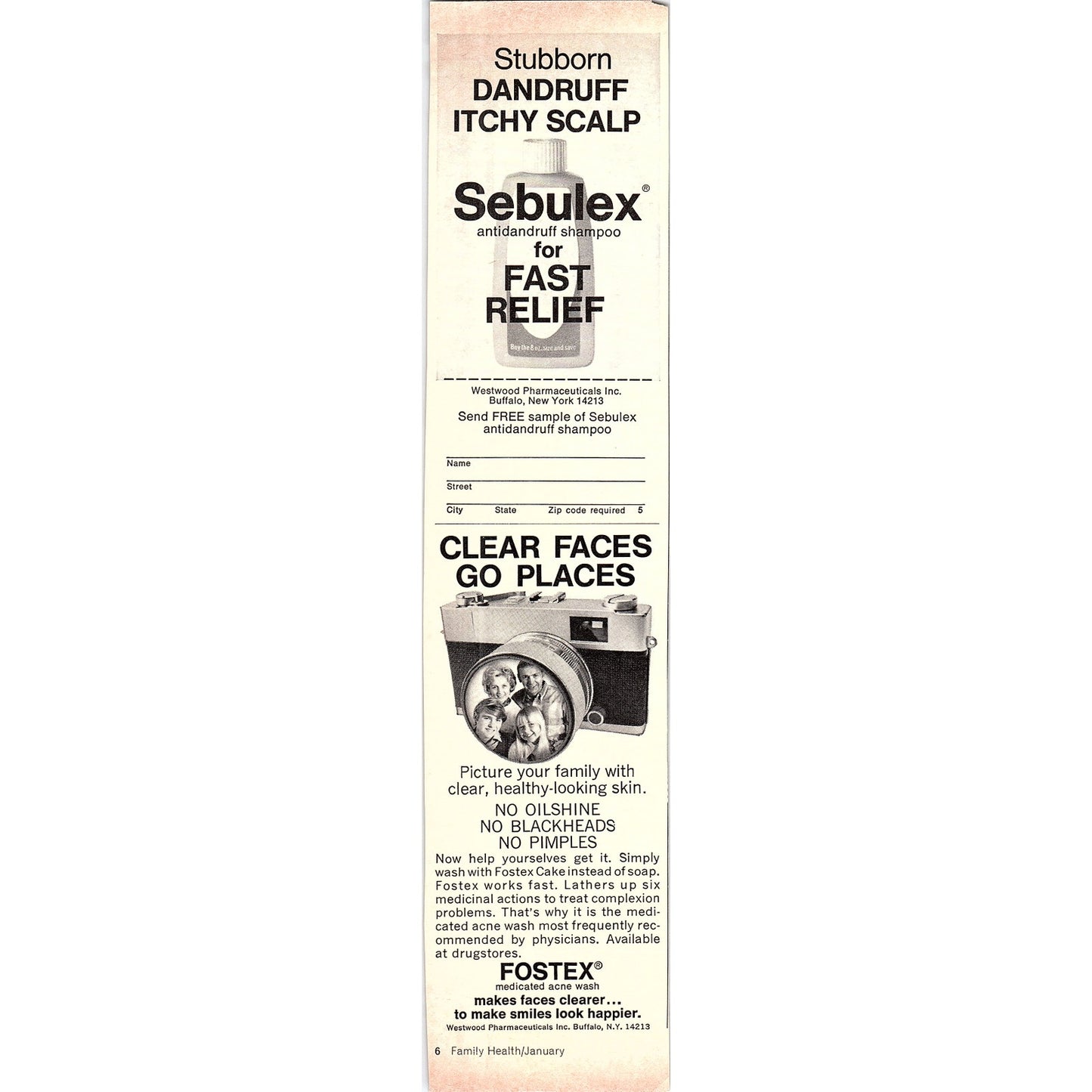 Sebulex Anti Dandruff Shampoo, Fostex Acne Wash 1972 Ad AF3-16