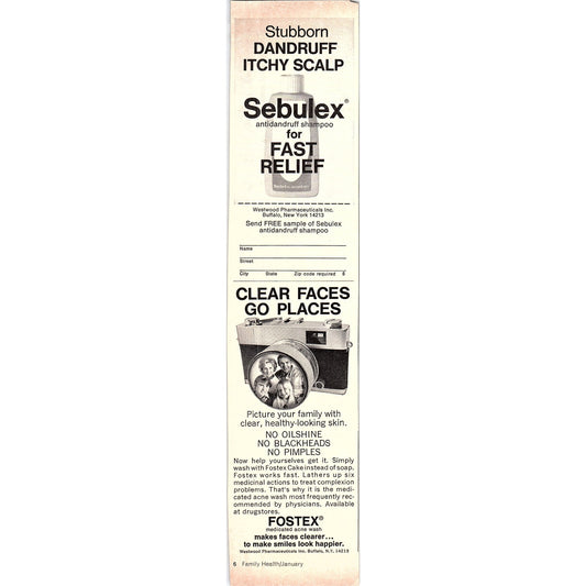Sebulex Anti Dandruff Shampoo, Fostex Acne Wash 1972 Ad AF3-16