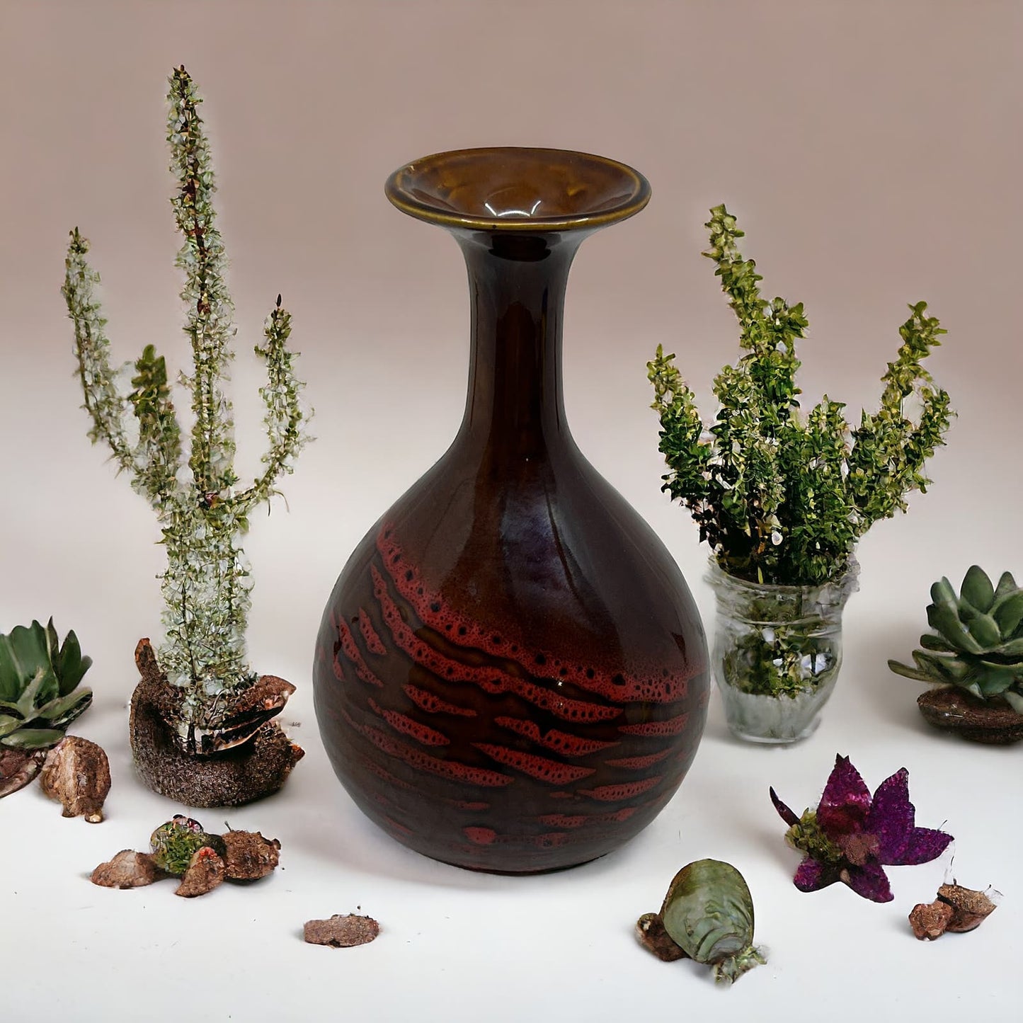 Vintage Mid Century 1960's Red & Brown Salt Glaze Art Pottery Modern Vase 8” TD5