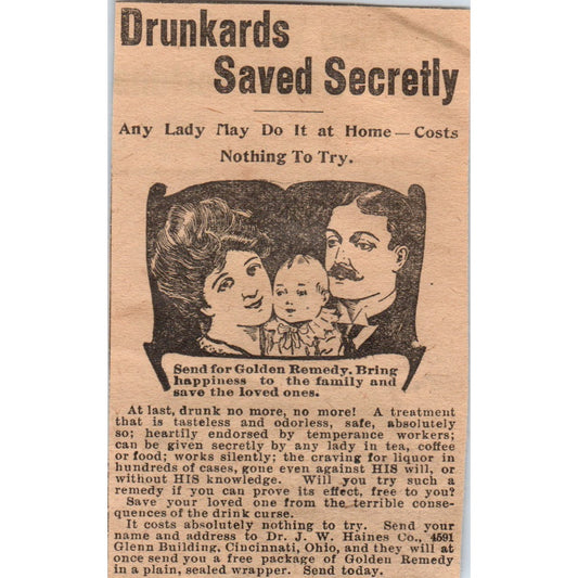 Drunkards Saved Secretly Dr. J.W. Haines Co Cincinnati 1910 Magazine Ad AF1-CM3