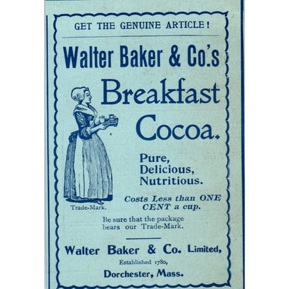 Walter Baker & Co Breakfast Cocoa Dorchester MA 1897 Victorian Ad AE9-TS9