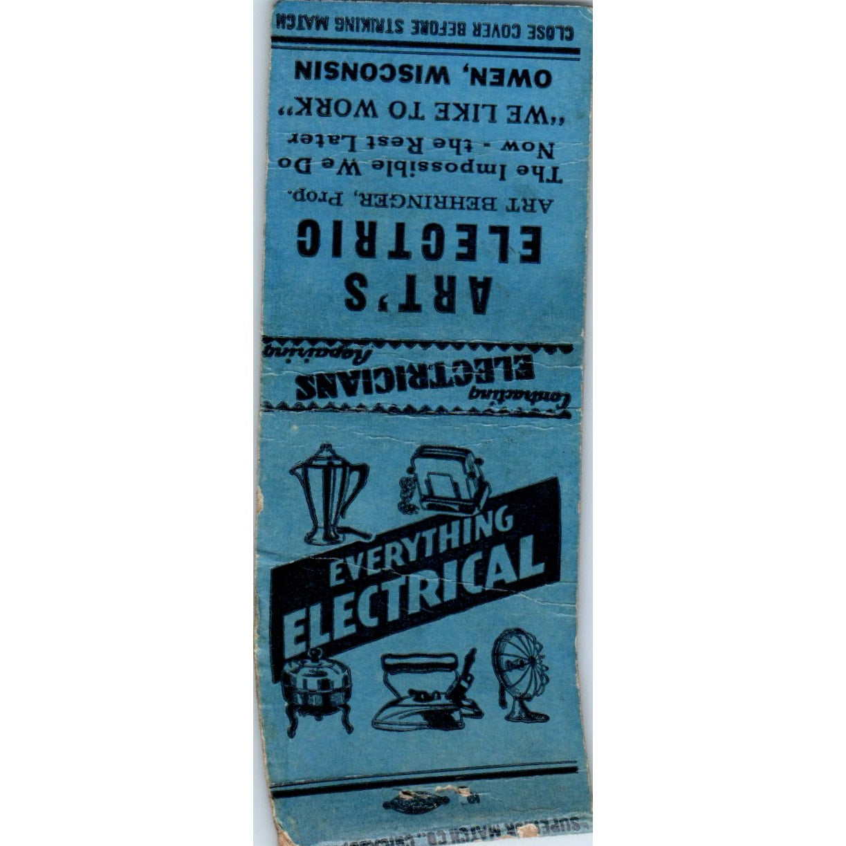 Art's Electric Art Behringer Owen WI Vintage Matchbook Cover SD2-Y4