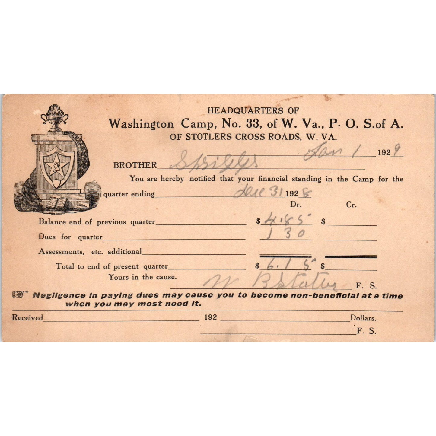 1929 Washington Camp No. 33 of Stotlers Cross Roads WV Bill Card D21