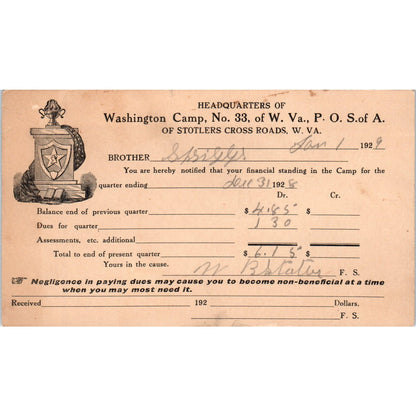 1929 Washington Camp No. 33 of Stotlers Cross Roads WV Bill Card D21
