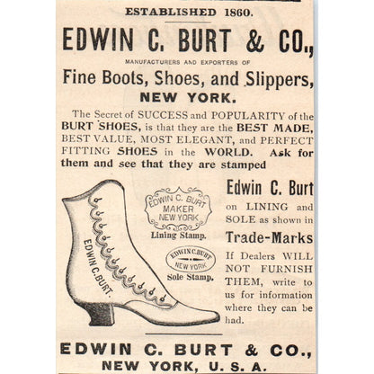 Edwin C. Burt & Co Fine Boots and Shoes NY 1892 Magazine Ad AK6-M1