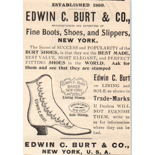 Edwin C. Burt & Co Fine Boots and Shoes NY 1892 Magazine Ad AK6-M1