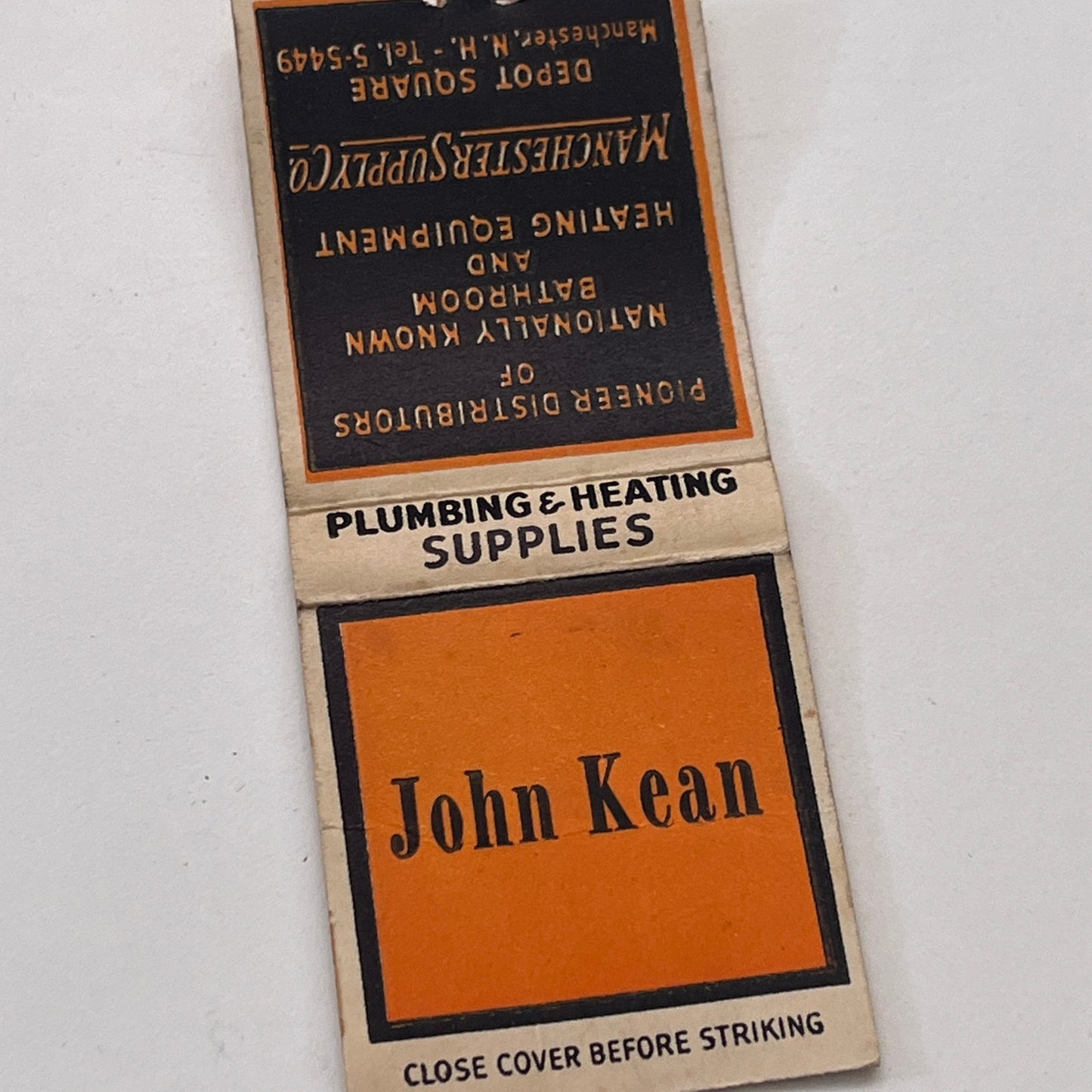 John Kean Plumbing & Heating Supplies Manchester NH Vintage Matchbook TB8-MB-14