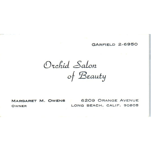 Orchid Salon of Beauty Margaret M Owens Long Beach CA Vtg Business Card SD8-B12