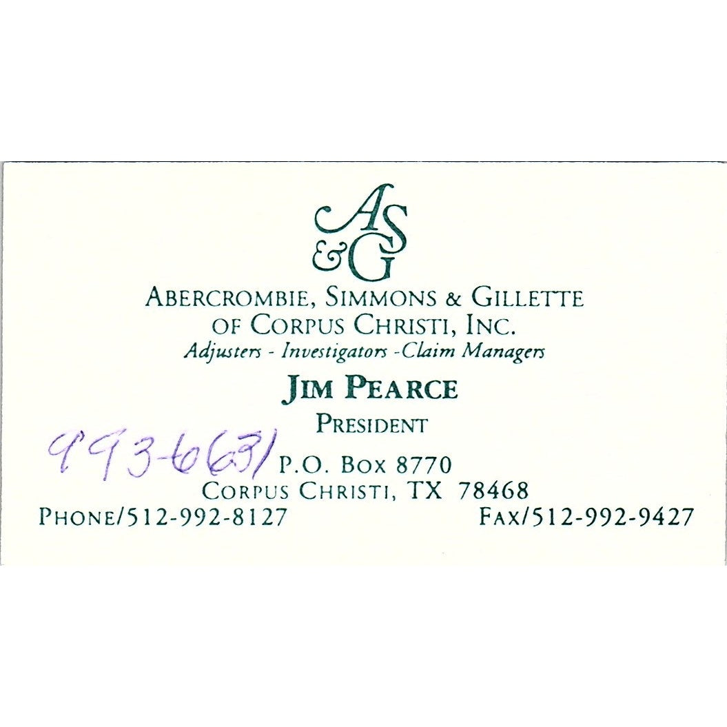 Jim Pearce Abercrombie, Simmons & Gillette Corpus Christi Business Card SC9-B8