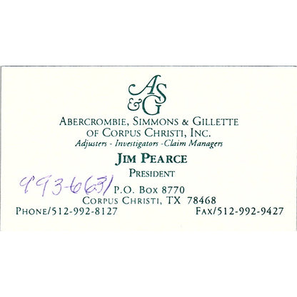 Jim Pearce Abercrombie, Simmons & Gillette Corpus Christi Business Card SC9-B8