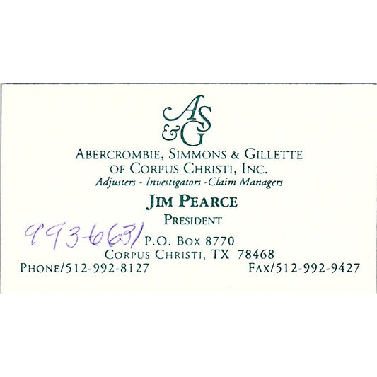 Jim Pearce Abercrombie, Simmons & Gillette Corpus Christi Business Card SC9-B8