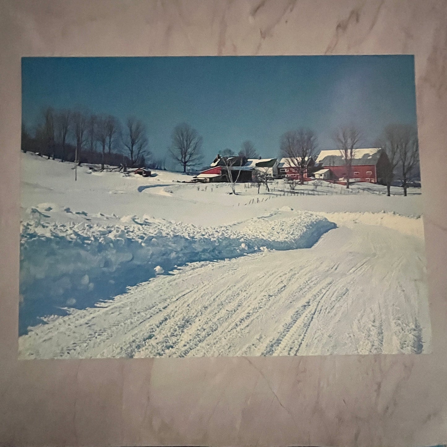 New England Red Farmstead Winter Scene 12x16" Art Print FL1