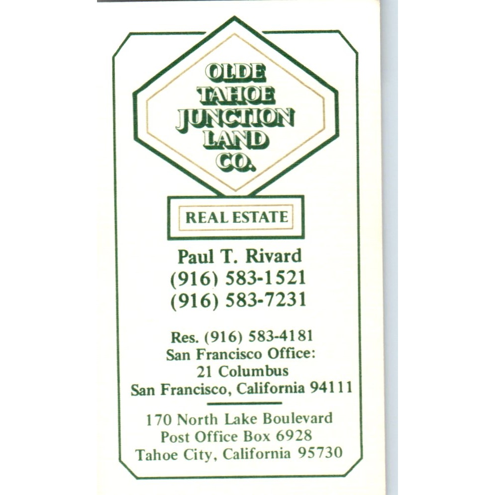 Paul T. Rivard Old Tahoe Junction Land Co Tahoe City CA Vtg Business Card SD8-B2