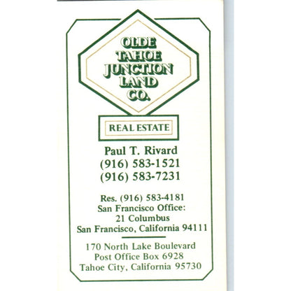 Paul T. Rivard Old Tahoe Junction Land Co Tahoe City CA Vtg Business Card SD8-B2