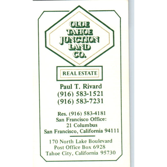 Paul T. Rivard Old Tahoe Junction Land Co Tahoe City CA Vtg Business Card SD8-B2