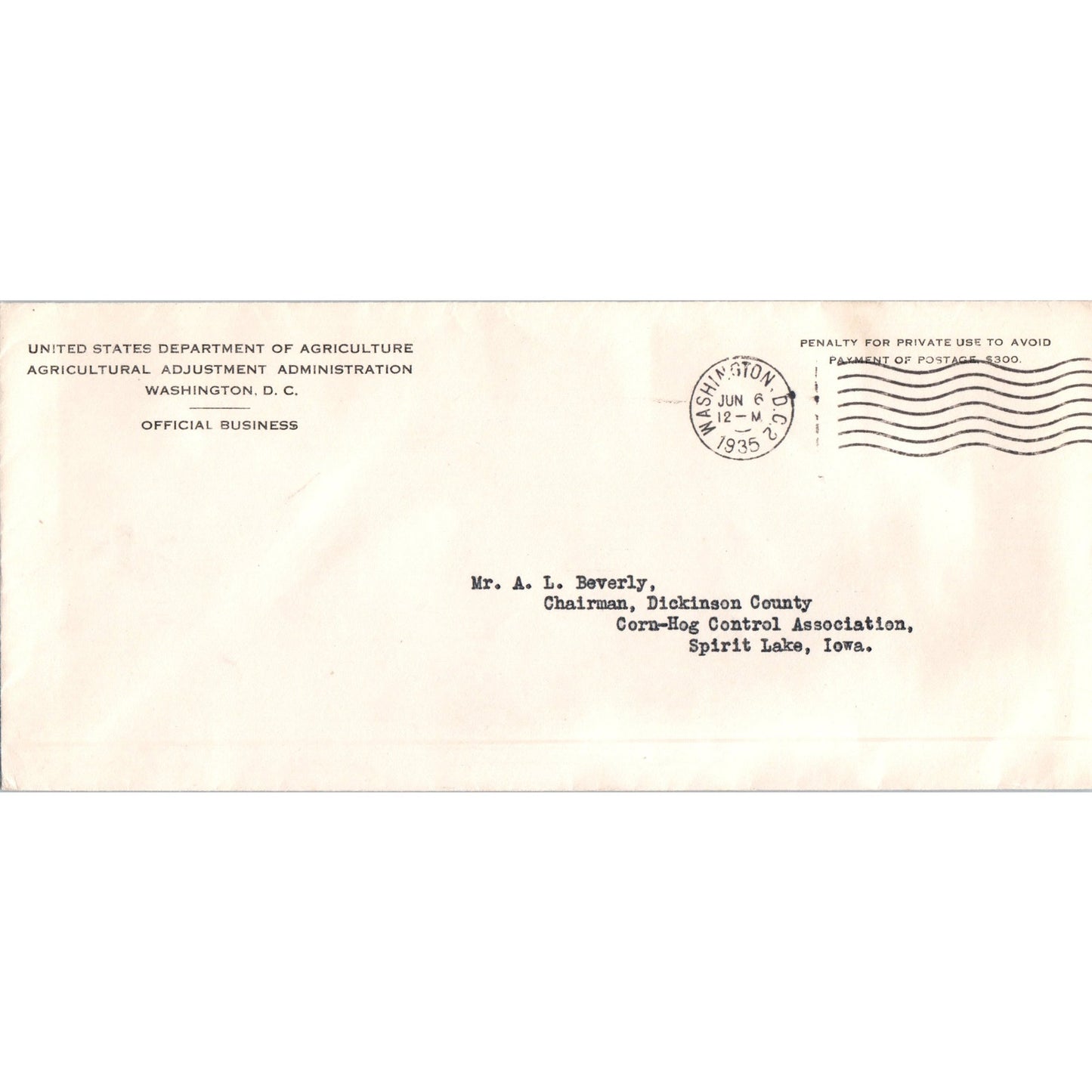 1935 US Department of Agriculture to Spirit Lake IA Postal Cover Envelope TH9-L1