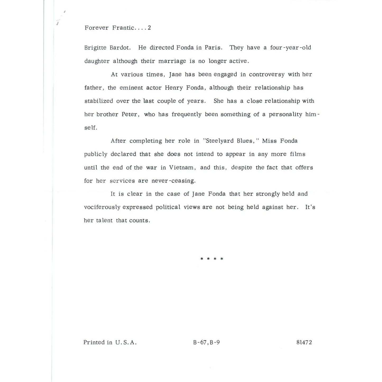 1972 Warner Bros. Studios Jane Fonda Steelyard Blues Promo Forever Frantic AE7