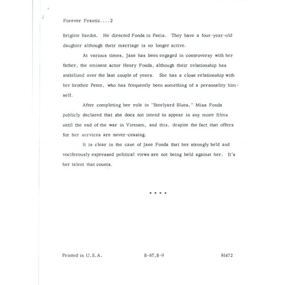 1972 Warner Bros. Studios Jane Fonda Steelyard Blues Promo Forever Frantic AE7