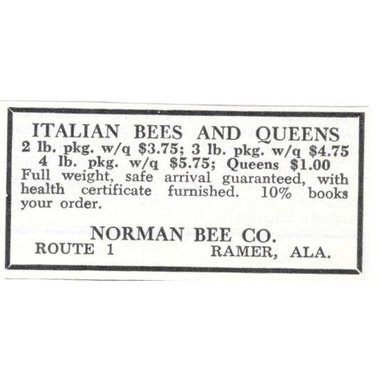 Italian Bees and Queens Norman Bee Co Ramer AL 1961 Magazine Ad AK6-S13