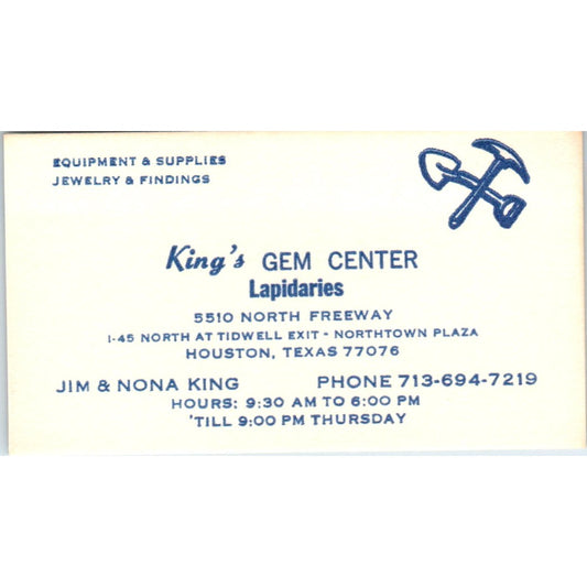 Jim & Nona King Gem Center Lapidaries Houston TX Vintage Business Card SD8-B6