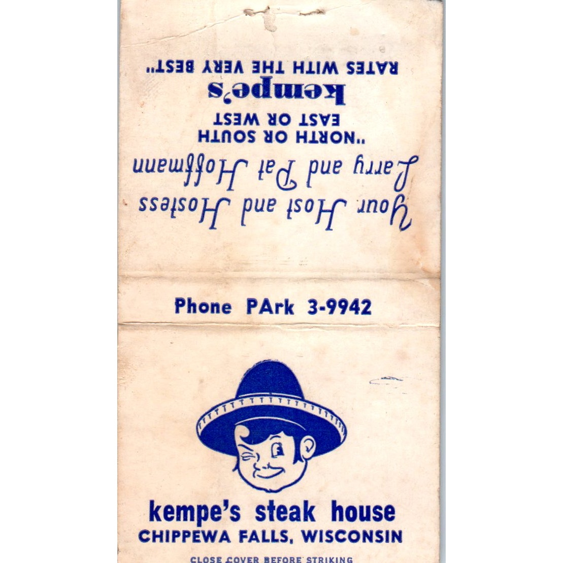 Kempe's Steak House Chippewa Falls WI Vintage Matchbook Cover SF4-Y6