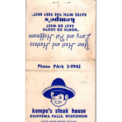 Kempe's Steak House Chippewa Falls WI Vintage Matchbook Cover SF4-Y6