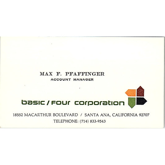 Basic Four Corporation Max F Pfaffinger Santa CA Vintage  Business Card SB4-B9