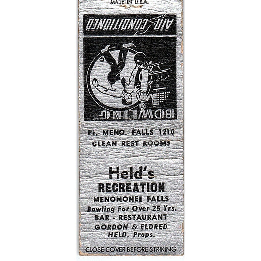 Held's Recreation Menomonee Falls WI Vintage Matchbook Cover MM11-9