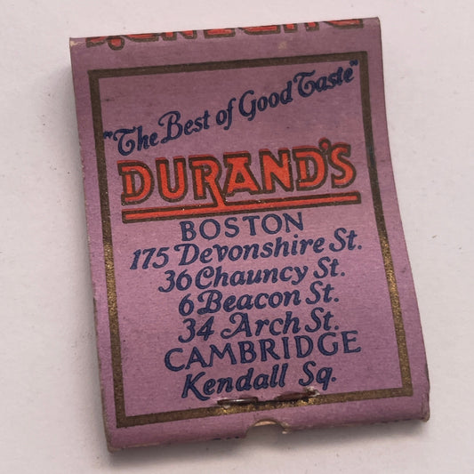 Durand's Fine Candies Boston Vintage Matchbook Cover TB8-MB2-8