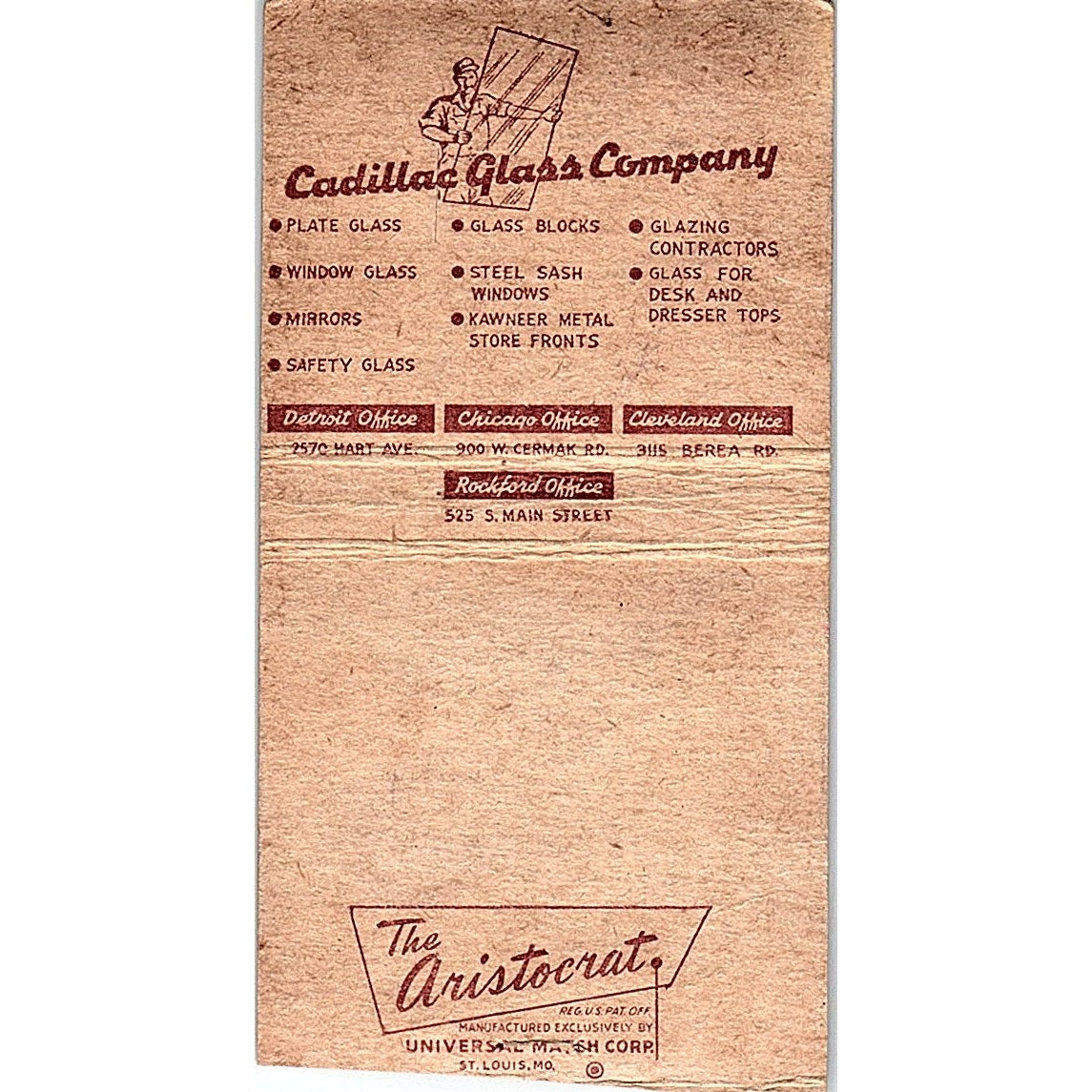 Cadillac Glass Company Rockford IL Vintage Matchbook Cover SC7-Y3
