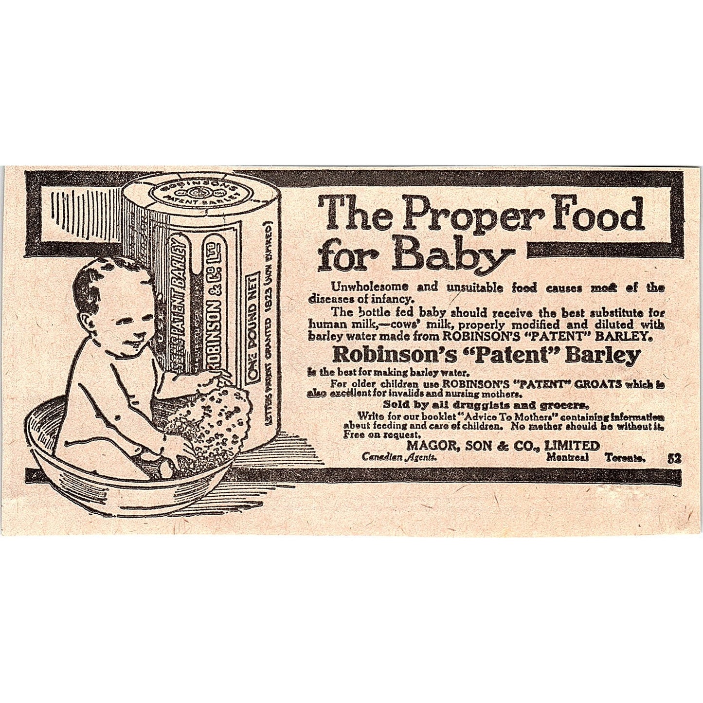Robinson's Patent Barley Baby Food Magor, Son & Co Montreal 1920 Ad AG2-M7