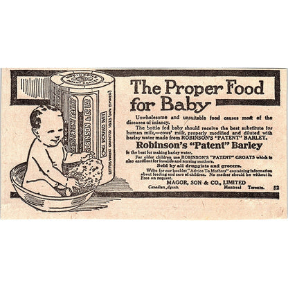 Robinson's Patent Barley Baby Food Magor, Son & Co Montreal 1920 Ad AG2-M7