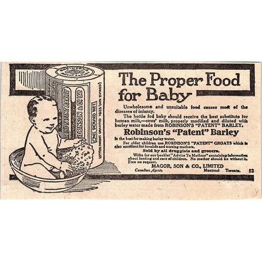 Robinson's Patent Barley Baby Food Magor, Son & Co Montreal 1920 Ad AG2-M7