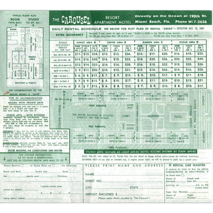1957 The Carousel Resort Apartment Hotel Miami Beach FL Rate Sheet AE2