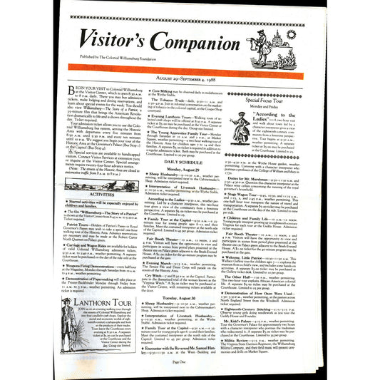 1988 Colonial Williamsburg VA Visitor's Companion Guide Newspaper V1-1