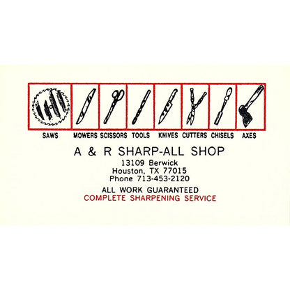 A&R Sharp-All Shop Houston TX Vintage Business Card SD9-B4