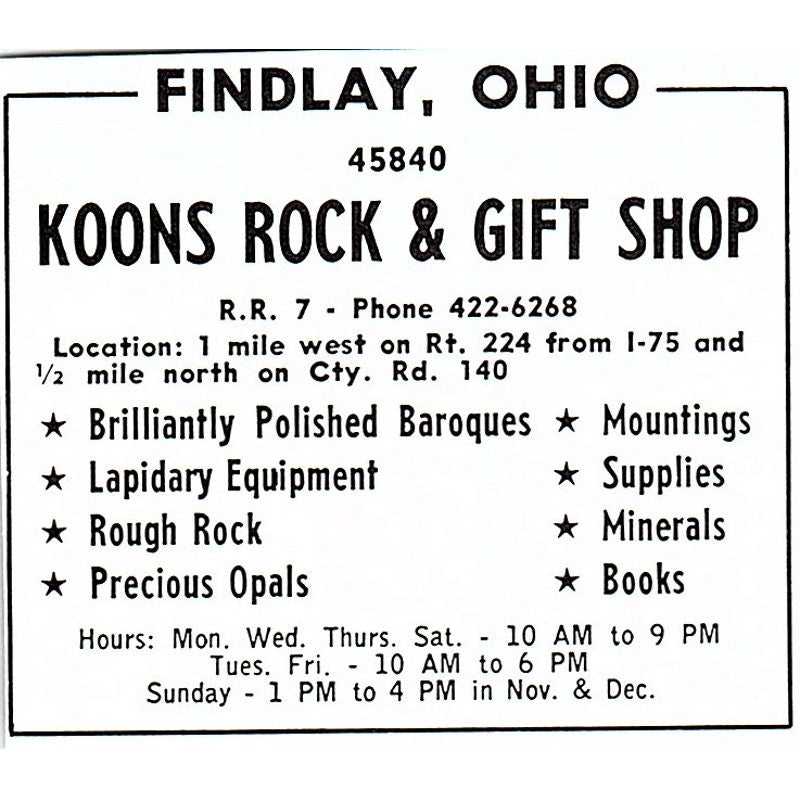 Koons Rock & Gift Shop Findlay Ohio 1972 Ad AF8-M2