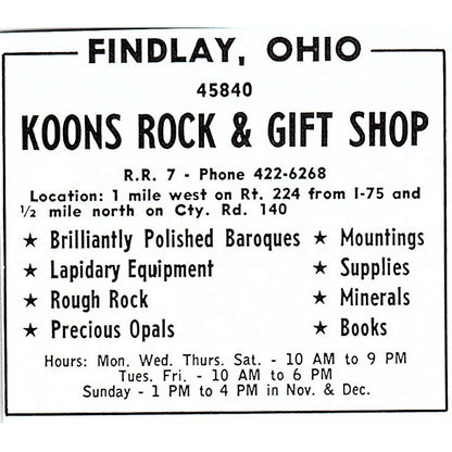 Koons Rock & Gift Shop Findlay Ohio 1972 Ad AF8-M2