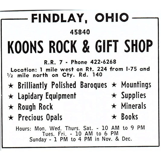 Koons Rock & Gift Shop Findlay Ohio 1972 Ad AF8-M2
