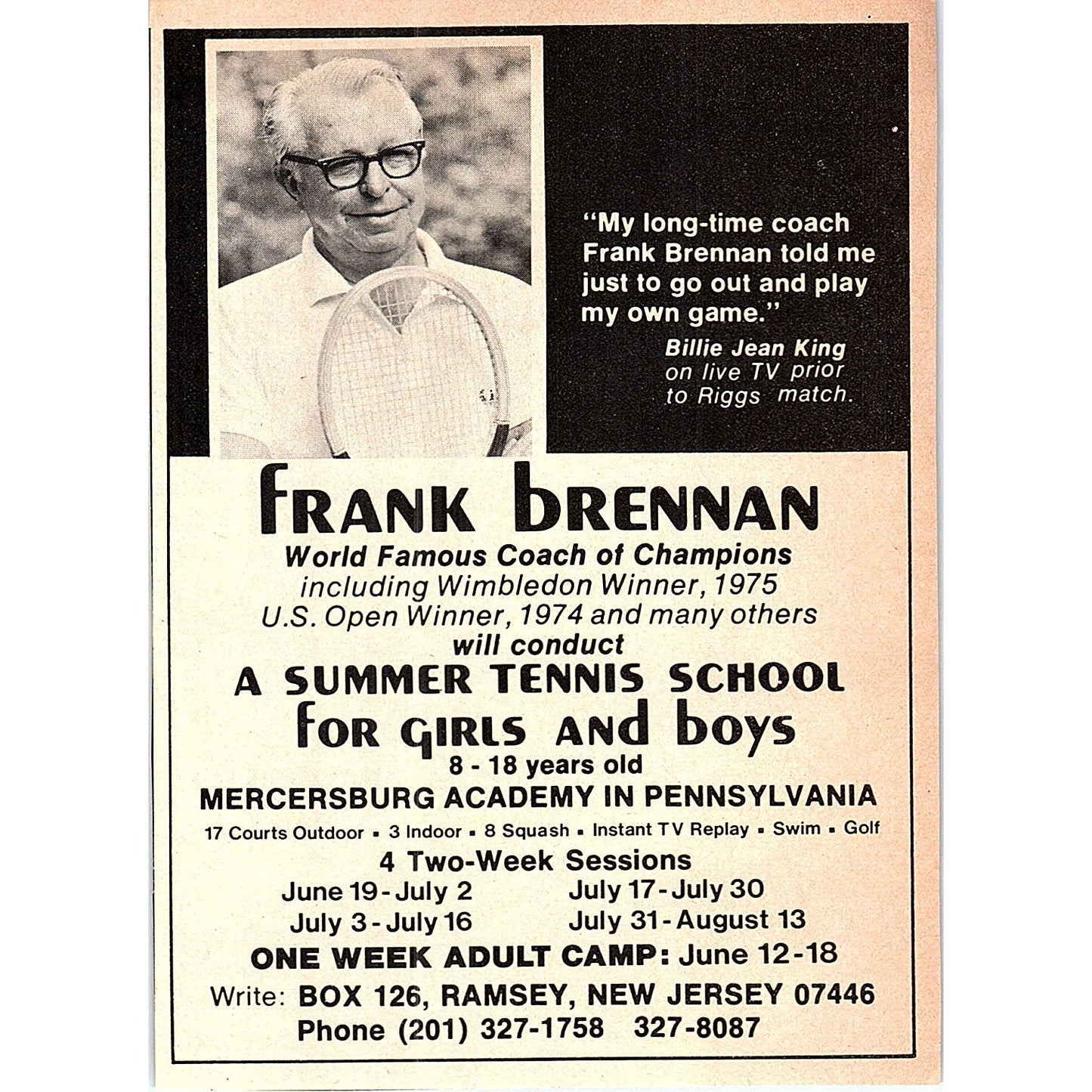Frank Brennan Summer Tennis School Mercersburg Academy PA 1977 Ad AF3-M1