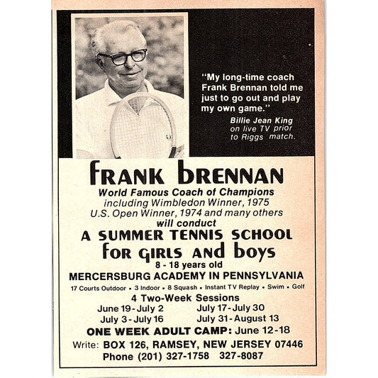 Frank Brennan Summer Tennis School Mercersburg Academy PA 1977 Ad AF3-M1